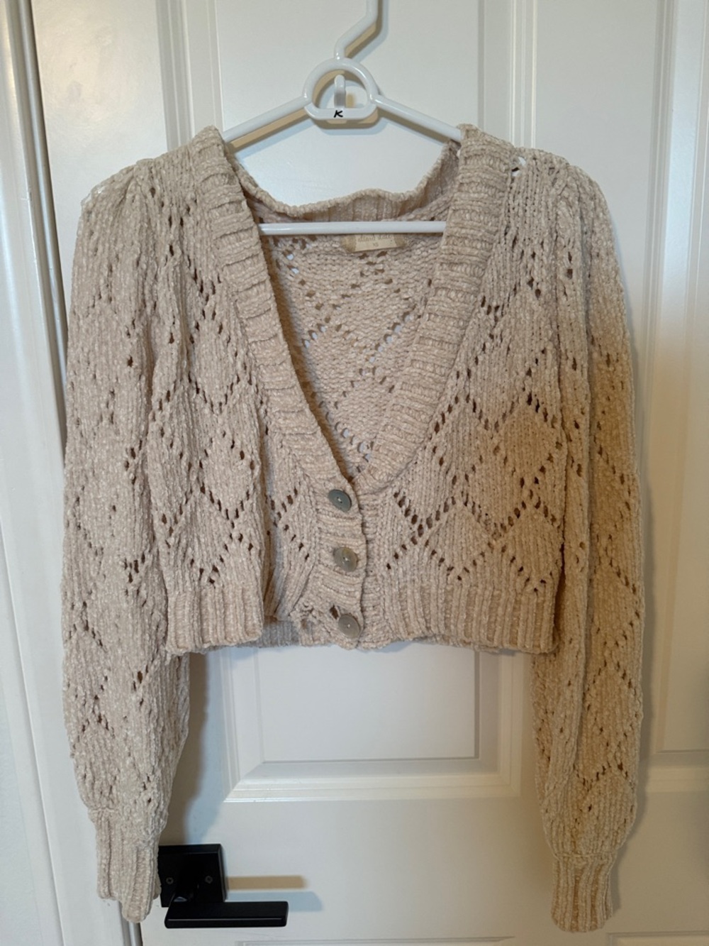 Altar'd State Cream Crochet V‑Neck Button Cardigan